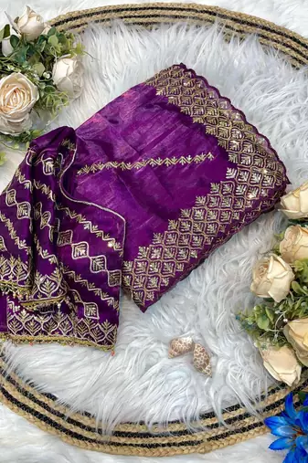 Purple Color  embroidery sequence work art silk saree
