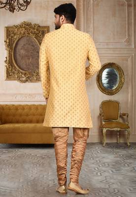 Yellow  anghrakha pattern work with mahroon pipe in indo western 2
