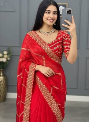Red Color  embroidery sequence work art silk saree 2