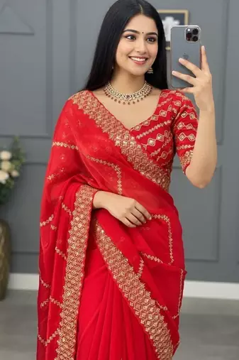 Red Color  embroidery sequence work art silk saree