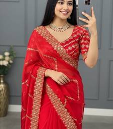 Red Color  embroidery sequence work art silk saree
