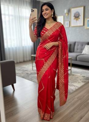 Red Color  embroidery sequence work art silk saree 1