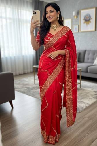 Red Color  embroidery sequence work Silk Saree