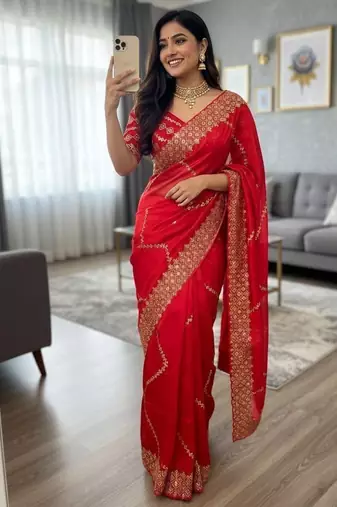 Red Color  embroidery sequence work Silk Saree
