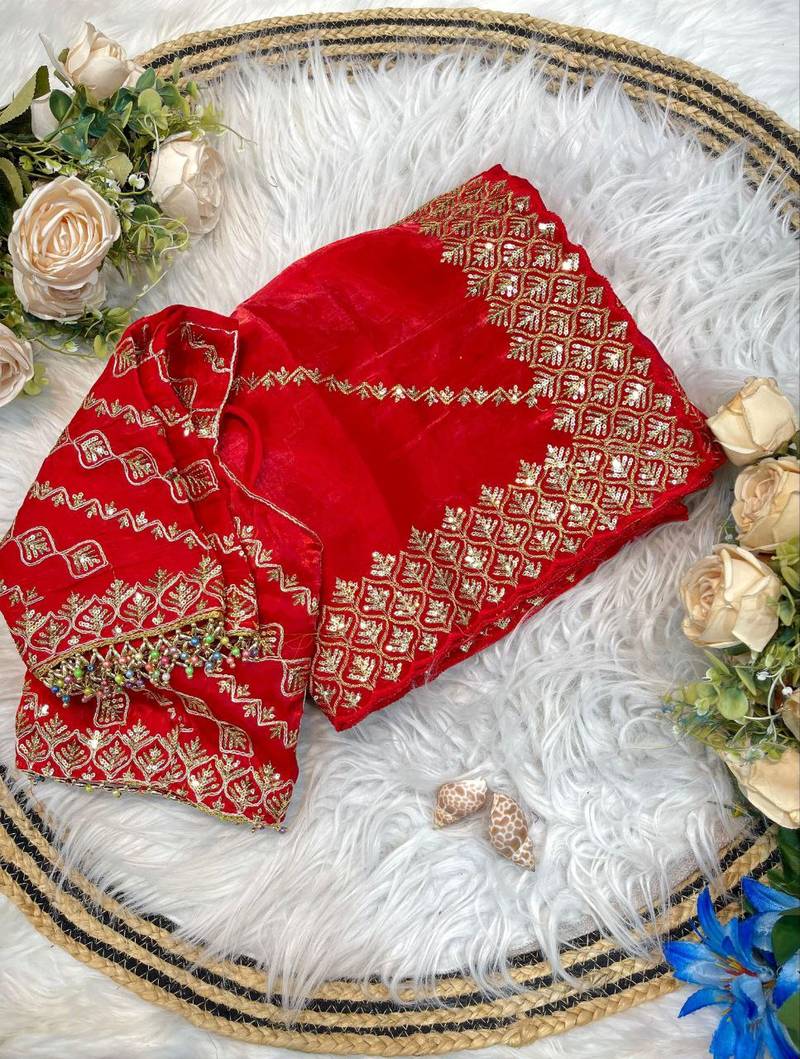 Red Color  embroidery sequence work Silk Saree