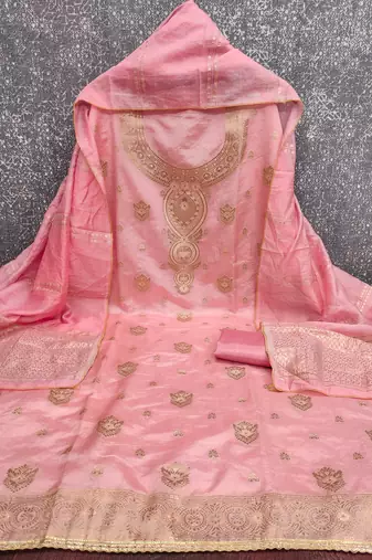 Elegant pink woven zari unstitched salwar suit with dupatta