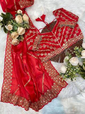 Red Color  embroidery sequence work art silk saree 4