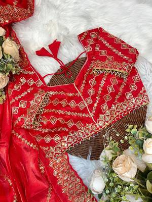Red Color  embroidery sequence work art silk saree 5
