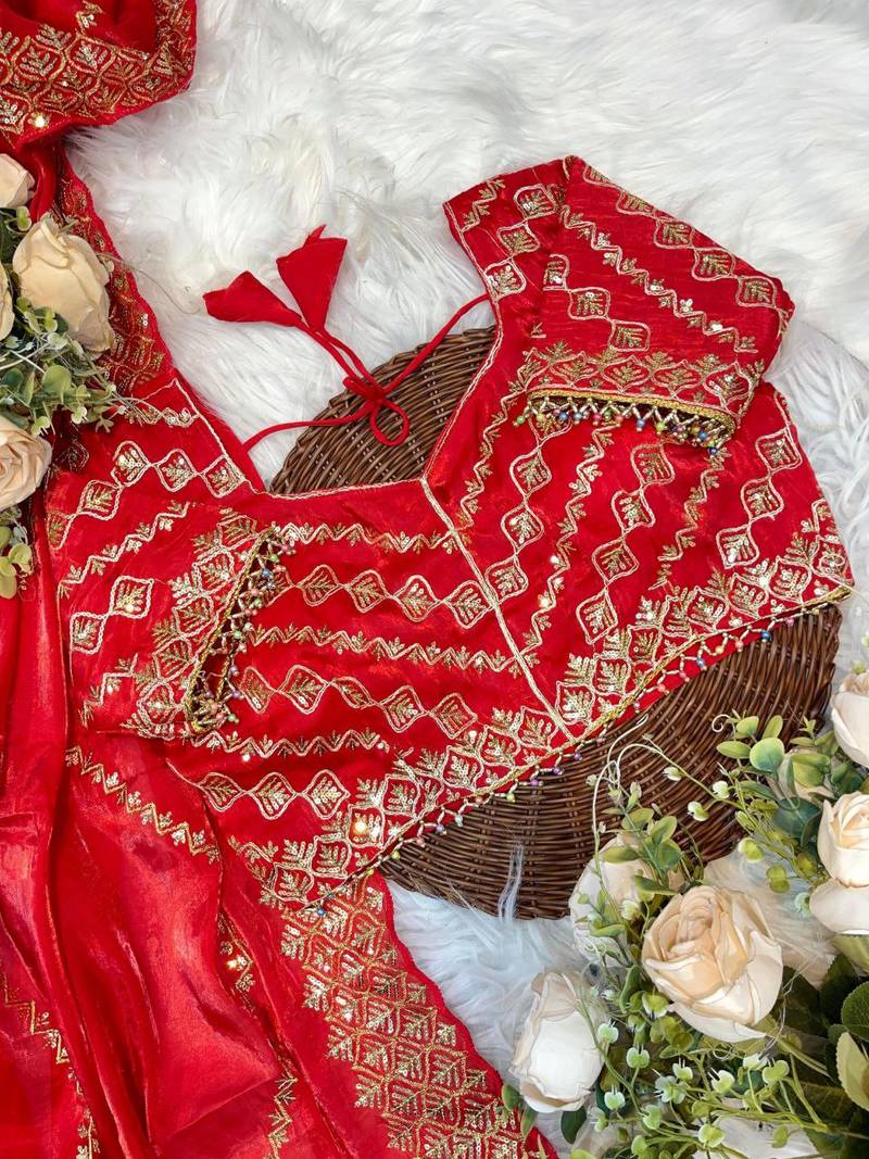 Red Color  embroidery sequence work Silk Saree