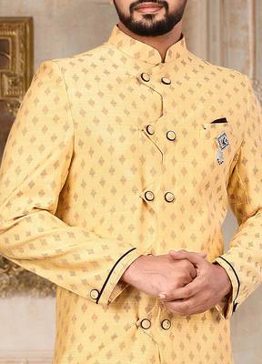 Yellow  anghrakha pattern work with mahroon pipe in indo western 3