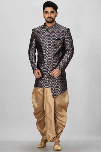 Navy blue anghrakha pattern work indo western