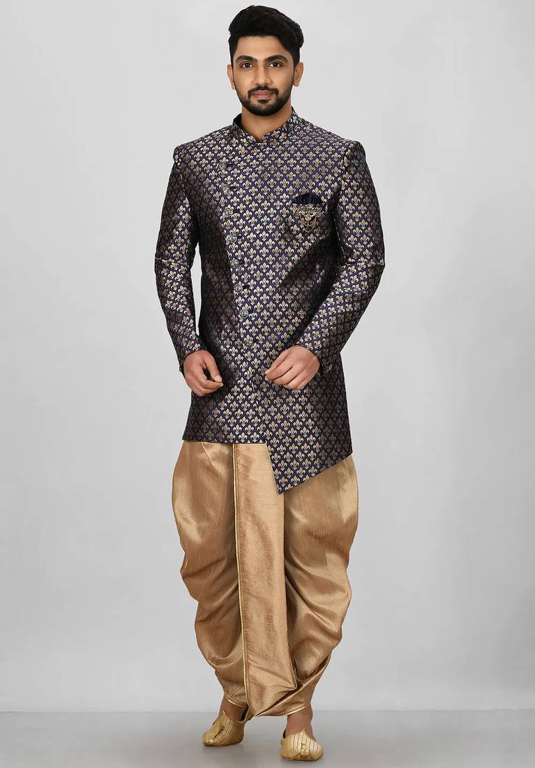 Navy blue anghrakha pattern work indo western