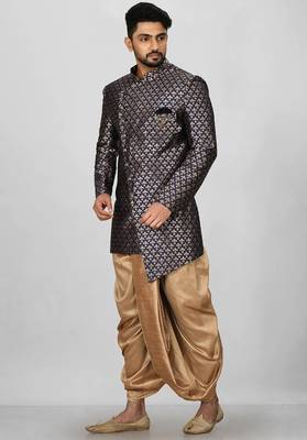 Navy blue anghrakha pattern work indo western 3
