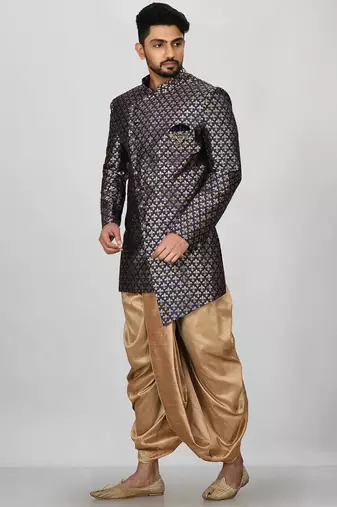 Navy blue anghrakha pattern work indo western