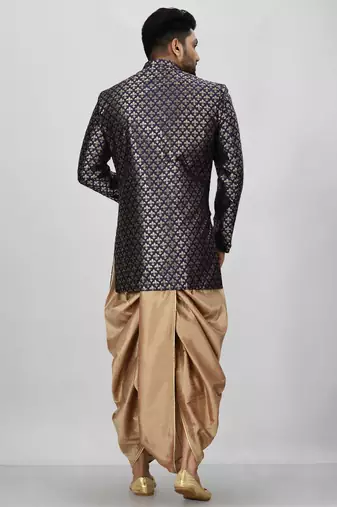 Navy blue anghrakha pattern work indo western