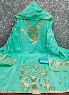 Premium sea green heavy zari woven unstitched salwar suit with dupatta 2