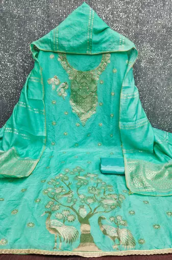 Premium sea green heavy zari woven unstitched salwar suit with dupatta