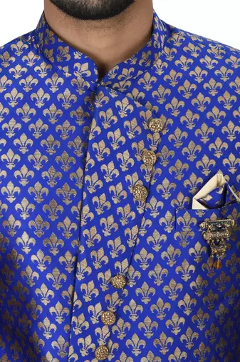 Royal blue anghrakha pattern work indo western
