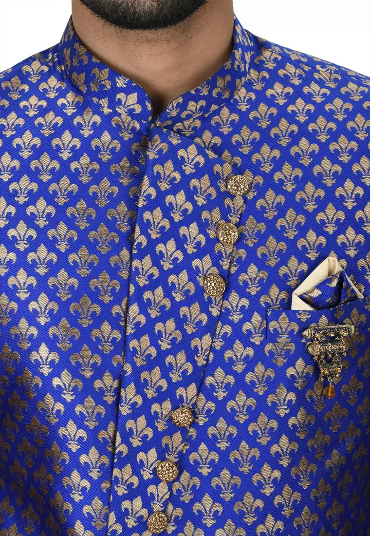 Royal blue anghrakha pattern work indo western