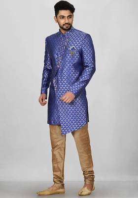 Royal blue anghrakha pattern work indo western 3