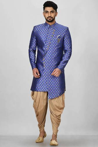 Royal blue anghrakha pattern work indo western