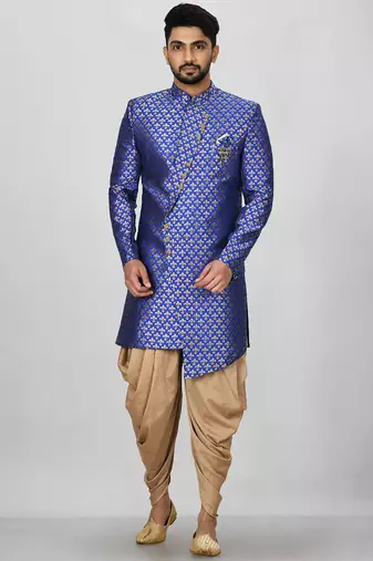 Royal blue anghrakha pattern work indo western