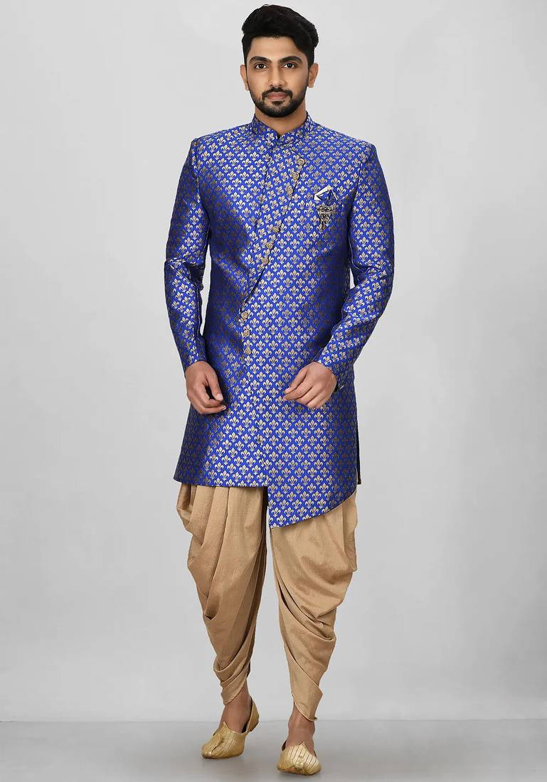 Royal blue anghrakha pattern work indo western