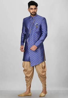 Royal blue anghrakha pattern work indo western 3