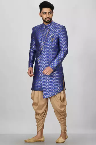 Royal blue anghrakha pattern work indo western