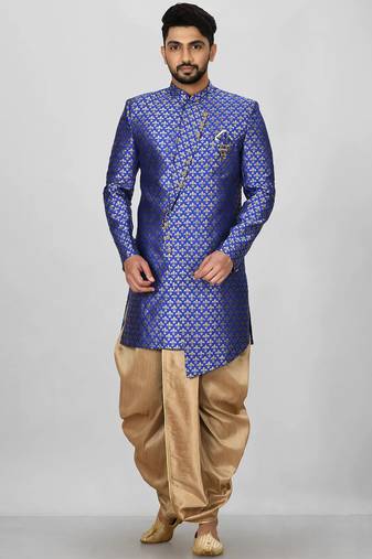 Royal blue anghrakha pattern work indo western