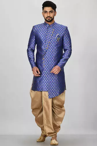 Royal blue anghrakha pattern work indo western