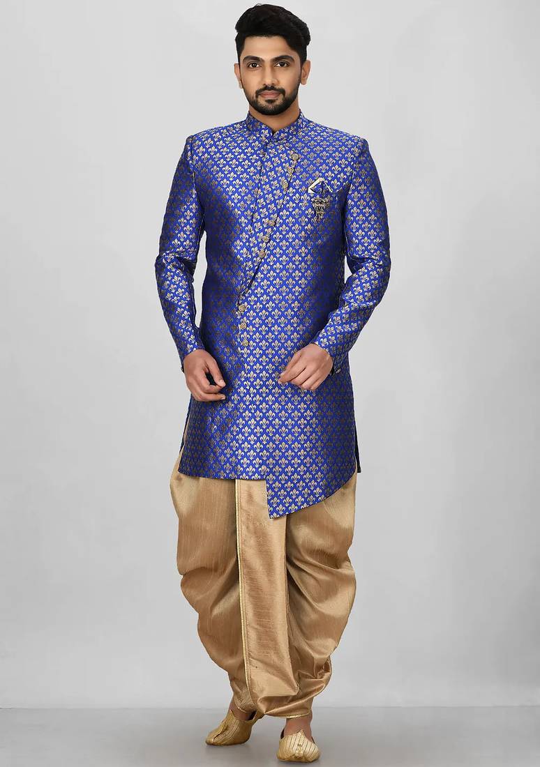 Royal blue anghrakha pattern work indo western