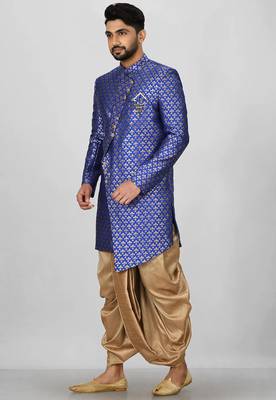 Royal blue anghrakha pattern work indo western 3