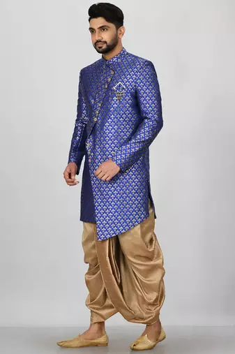Royal blue anghrakha pattern work indo western