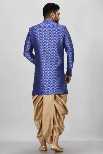 Royal blue anghrakha pattern work indo western