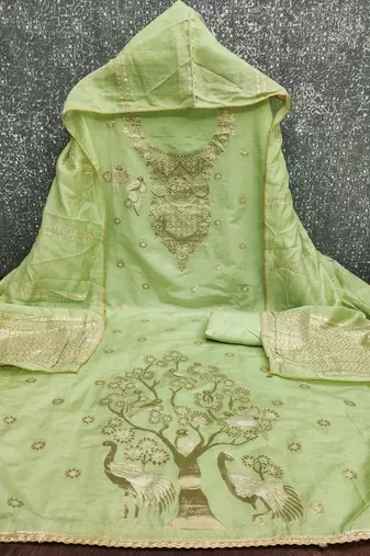 Premium light green heavy zari woven unstitched salwar suit with dupatta