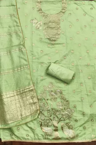 Premium light green heavy zari woven unstitched salwar suit with dupatta