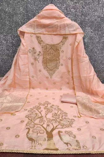Premium peach heavy zari woven unstitched salwar suit with dupatta