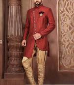 Red anghrakha pattern work with mahroon pipe in indo western