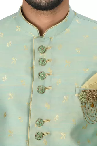 Sea green anghrakha pattern work indo western