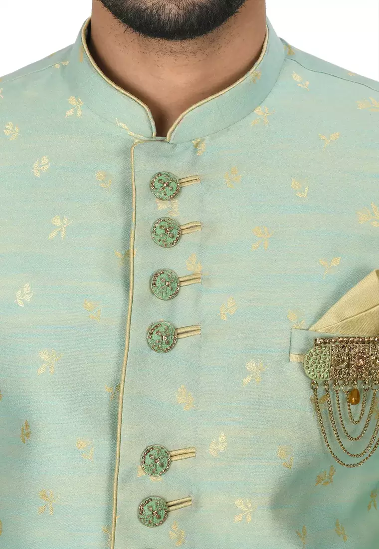 Sea green anghrakha pattern work indo western