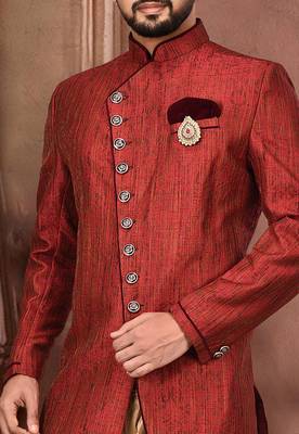 Red anghrakha pattern work with mahroon pipe in indo western 2