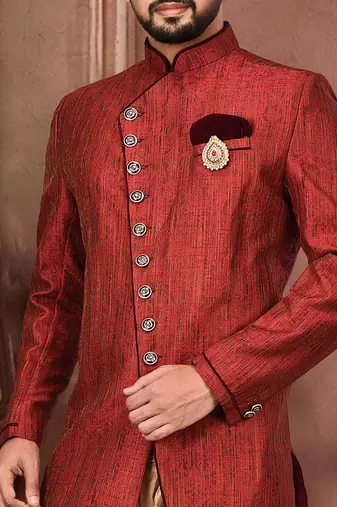Red anghrakha pattern work with mahroon pipe in indo western