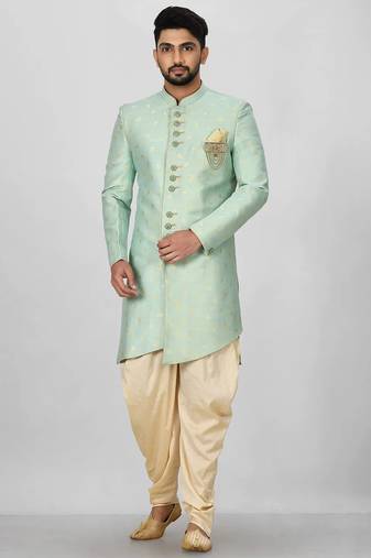 Sea green anghrakha pattern work indo western
