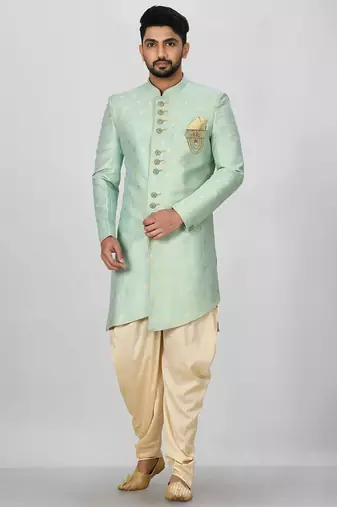 Sea green anghrakha pattern work indo western