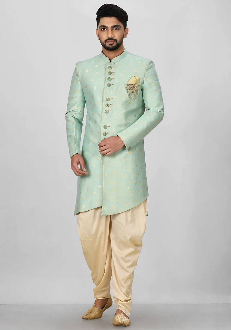 Sea green anghrakha pattern work indo western