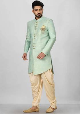 Sea green anghrakha pattern work indo western 3