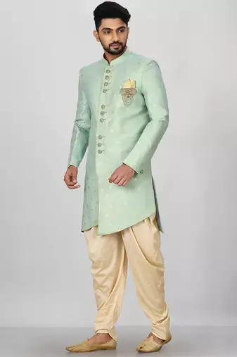 Sea green anghrakha pattern work indo western