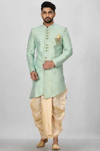 Sea green anghrakha pattern work indo western