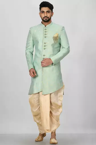 Sea green anghrakha pattern work indo western